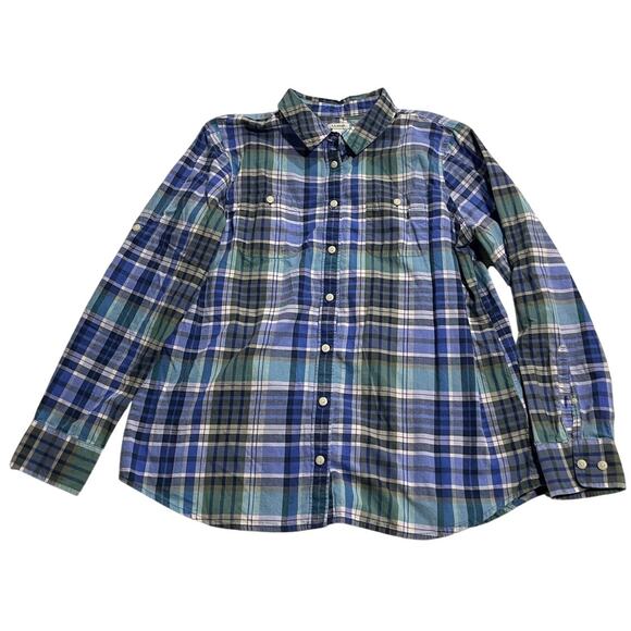 LL Bean Button-Up Shirt Plaid Womens Large Roll Tab Long Sleeve Blue 100% Cotton - Picture 1 of 8